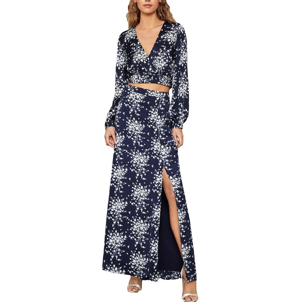New BCBGMaxazria Blue Satin Floral Set Crop Wrap Top Matching Slit Maxi Skirt